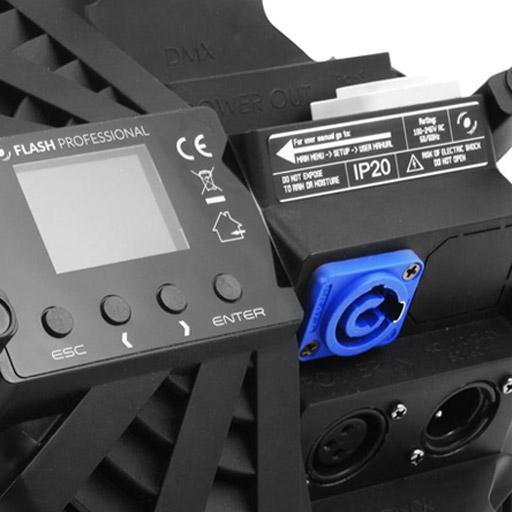 LED Spotlight Geräteansicht groß, Rückseite mit Bedienelementen und Anschlüssen, zu mieten bei VEITLIGHT® in Berlin Lichtenberg